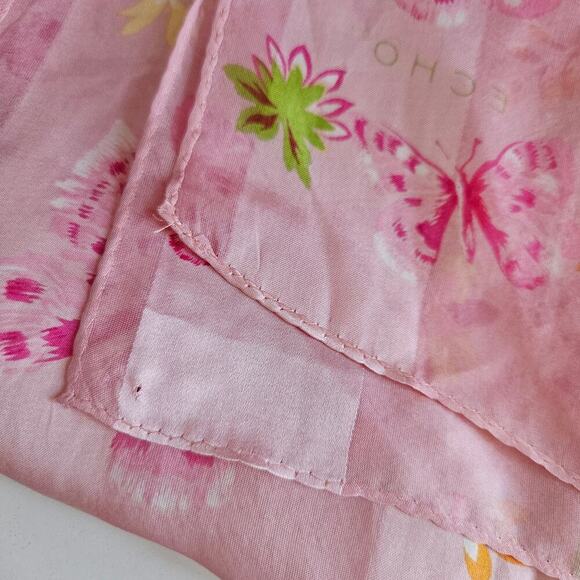 Vintage Y2K Echo Silk Scarf Pink Butterfly‎ Floral Print Hair Wrap Purse Accent - Picture 9 of 11